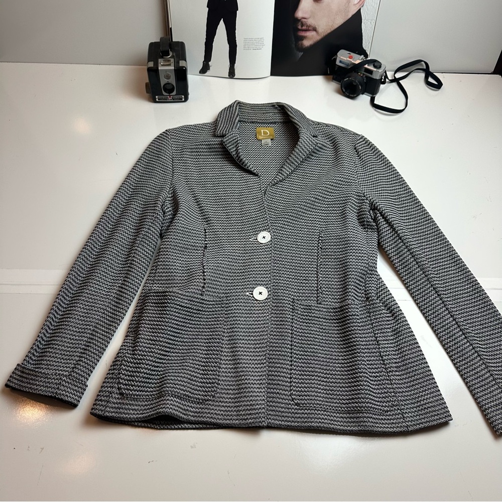 Diane Gilman DG2 Cotton Knit Houndstooth Jacket Blazer Black White Large